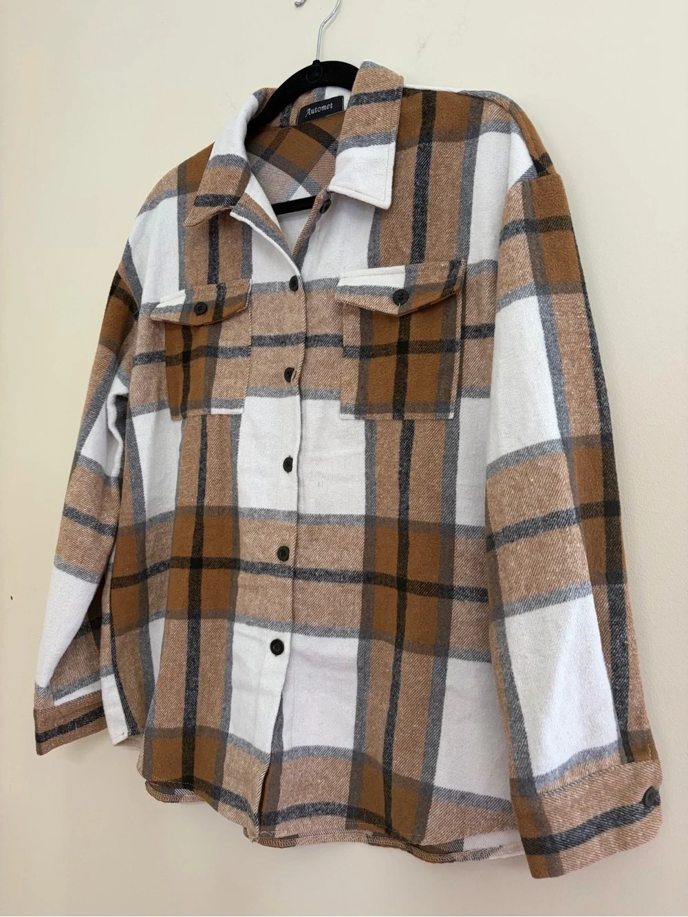 Cozy Plaid Button-Up Shacket in Camel & White